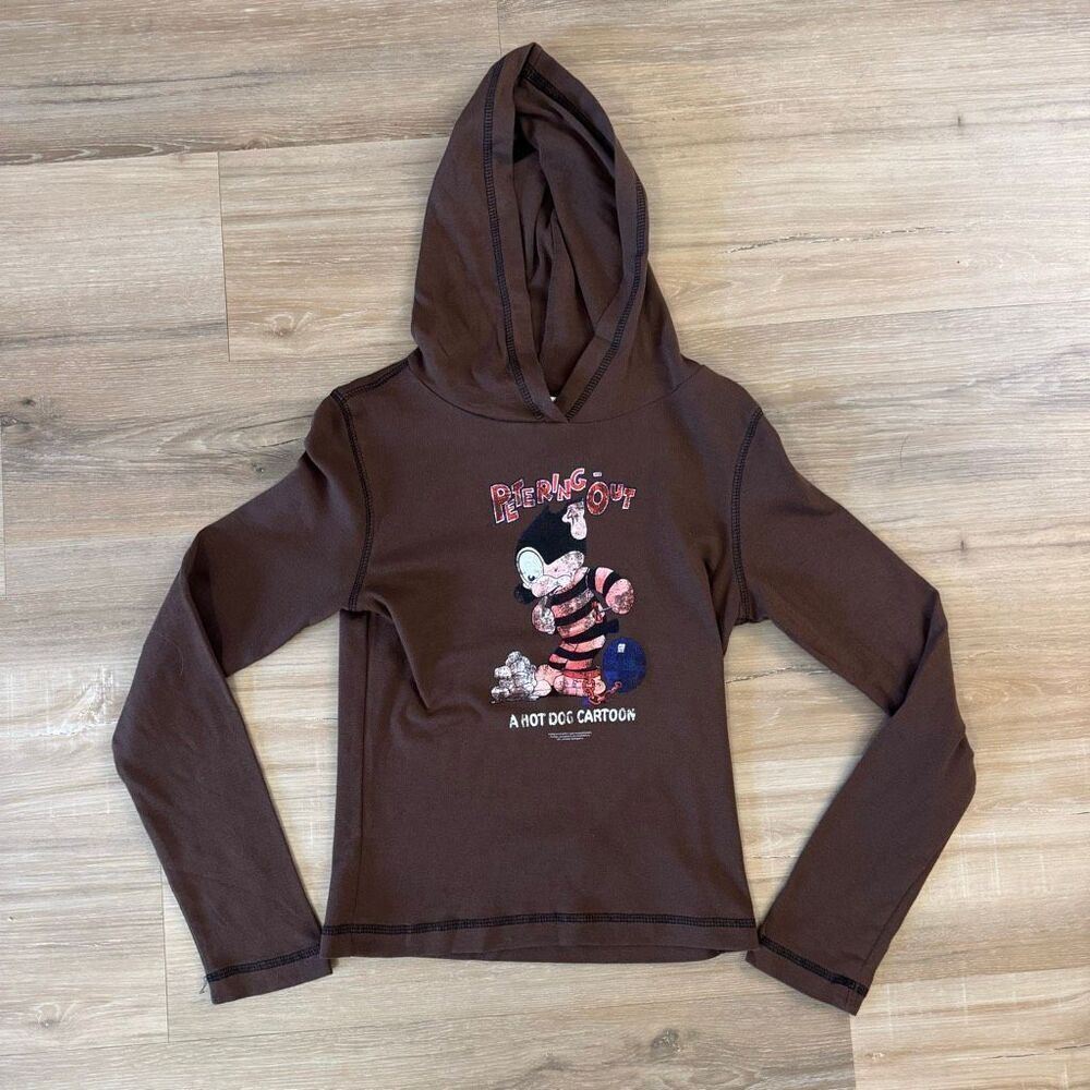 Y2K Mad Engine Petering Out A Hot Dog Cartoon Womens Brown Hoodie Size Medium